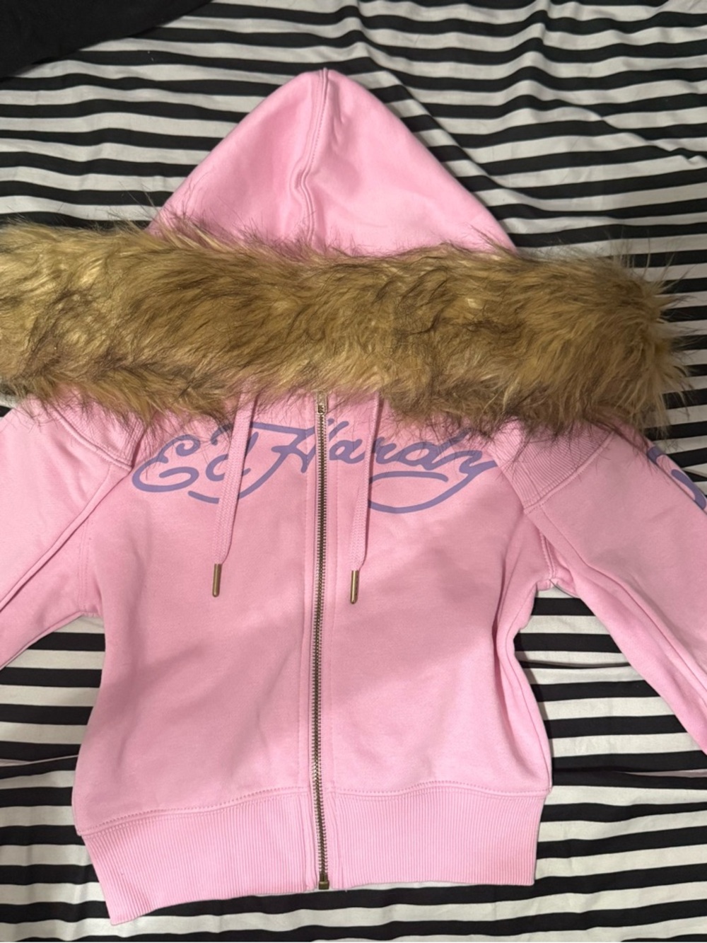 Y2K Ed Hardy Bubble Gum Pink Hoodie with faux fur hoodie